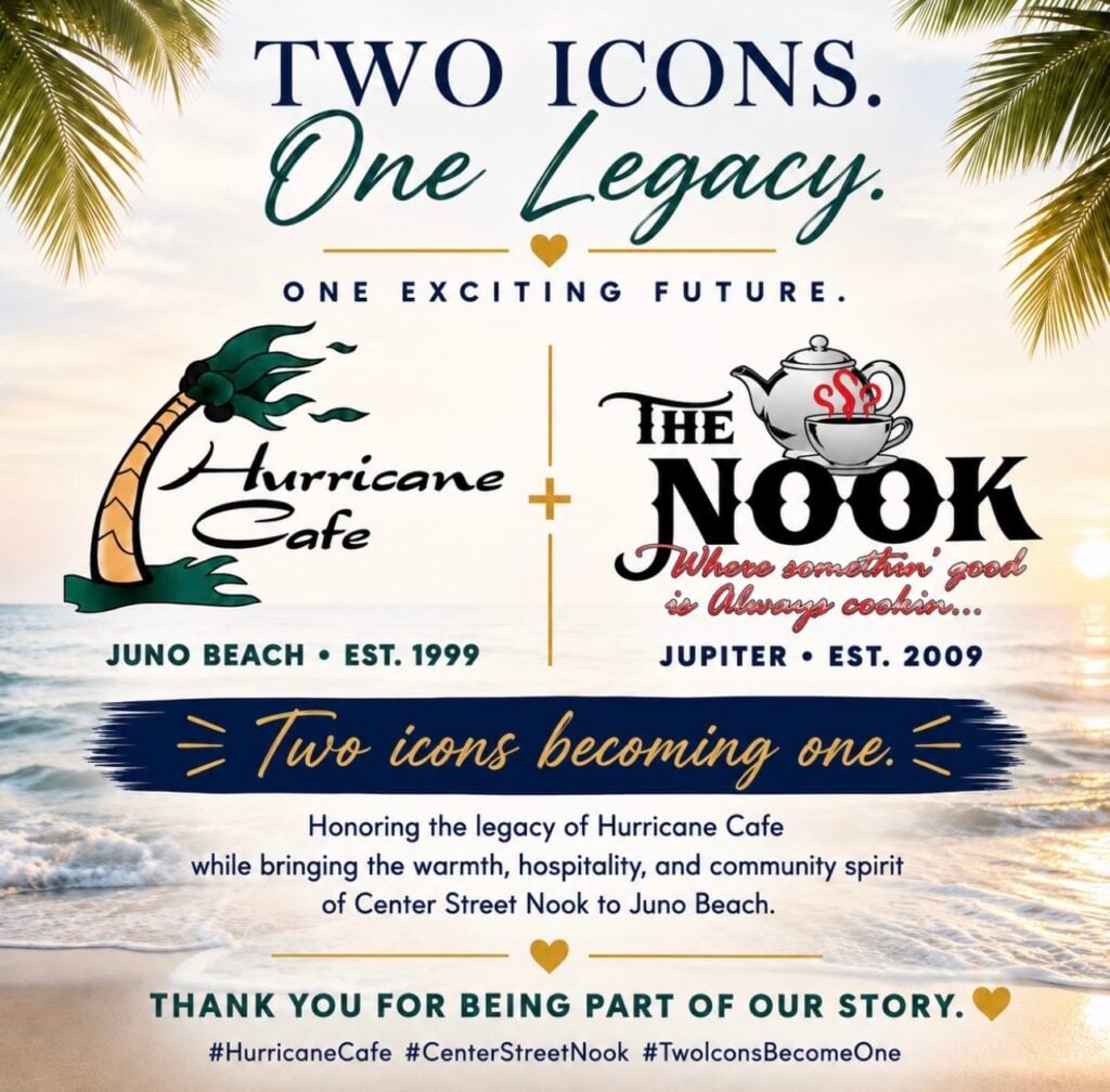 Flyer announcing collaboration between Center Street Nook and Hurricane Café in Juno Beach